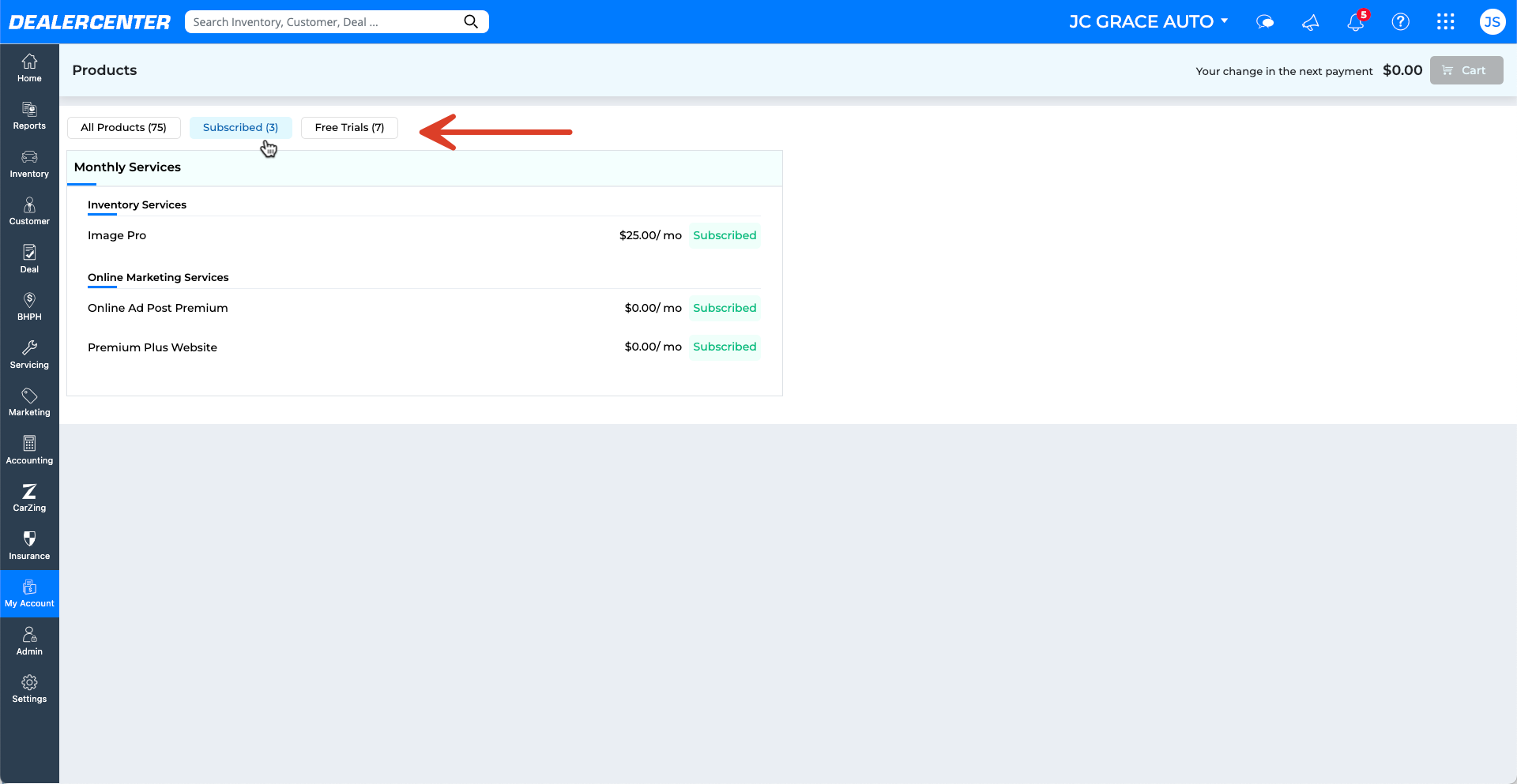 My Account - Add Product - Filter by Subscribed or Trials.png
